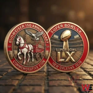 Budweiser and Super Bowl commemorative coin shown from both sides.
