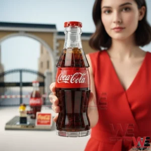 The COCA-COLA 140th Anniversary Heritage Collector Brick Edition 7 Woman holding a classic Coca Cola style bottle in front of a historic factory gate!