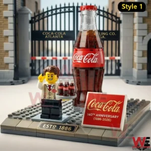 The COCA-COLA 140th Anniversary Heritage Collector Brick Edition 5 Coca Cola bottle display with a character figure in front of a factory gate!