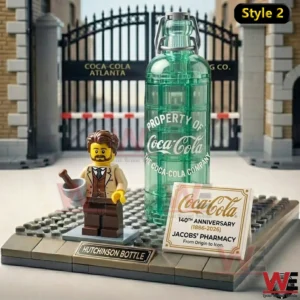 The COCA-COLA 140th Anniversary Heritage Collector Brick Edition 6 Green vintage style Coca Cola bottle display with a classic character figure!