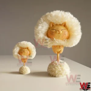 Two cute wooden cat figures with fluffy white fur collars displayed together on a clean neutral background!