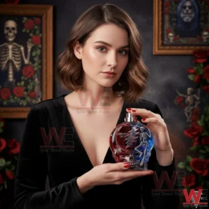 Woman holding a red and blue skull shaped memorial perfume bottle in a dark artistic interior!