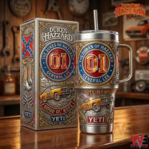 Stainless steel tumbler with The Dukes of Hazzard General Lee design and matching display box on a wooden table!