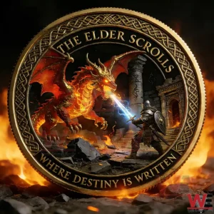 A The Elder Scrolls coin with a dragon and warrior battle scene and the words where destiny is written!