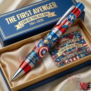 A luxury Captain America anniversary pen presented in a collector box with detailed character illustration and an eighty five year celebration theme!