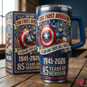 Blue Captain America insulated tumbler with handle and commemorative box celebrating eighty five years of heroism on a wooden surface!