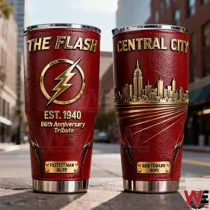 Red The Flash themed insulated tumblers with lightning emblem anniversary tribute and Central City skyline displayed outdoors!