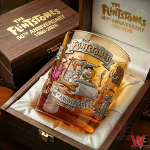Flintstones anniversary glass displayed inside a wooden gift box!