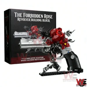 Gothic rose revolver building block sculpture with product box.