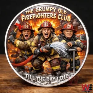 Round firefighter coin design with three firefighters in action surrounded by flames and bold text on the border!