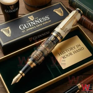 A Guinness commemorative fountain pen displayed in a presentation box featuring intricate detailing polished metal accents and classic heritage inspired design!