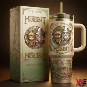 The Hobbit Gandalf and Bilbo 40oz Tumbler 4 The Hobbit themed tumbler with Bilbo and Gandalf artwork handle lid and straw displayed beside a matching collector box on a dark background!