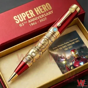 A Red And Gold Iron Hero Themed Pen Shown In A Gift Box With Detailed Helmet Artwork And Anniversary Text!