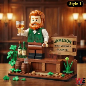 Irish themed brick figure holding a whiskey glass on a bar display!