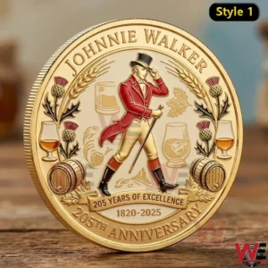 Front view of a Johnnie Walker anniversary coin with the walking gentleman design!