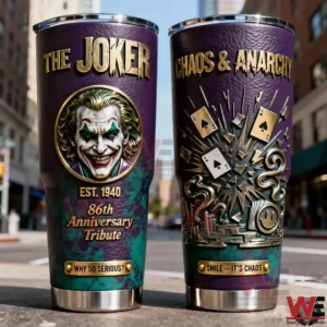 Two The Joker insulated tumblers with chaos themed artwork standing on a city street setting!
