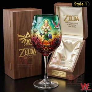 Legend of Zelda forty year anniversary goblet glass with colorful fantasy artwork placed beside a wooden gift box!