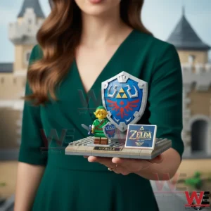 Person holding Zelda themed brick display with shield and hero figure!