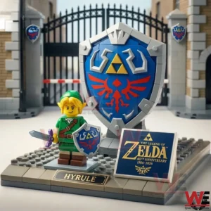 Zelda brick display with hero figure shield and castle gate background!