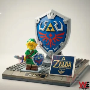 Zelda themed brick display with hero figure and shield on white background!