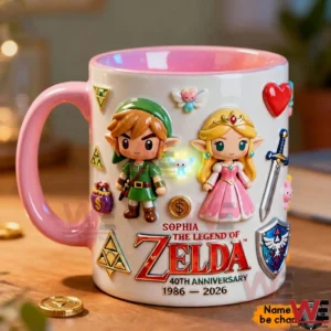 A decorated ceramic mug with cartoon style fantasy characters symbols and vibrant colors placed on a warm tabletop setting!