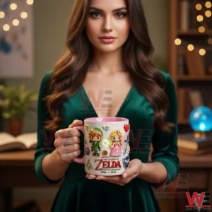 The Legend of Zelda 40th Anniversary Custom Ceramic Mug 3 A woman holding a fantasy themed ceramic mug with character designs while standing in a warmly decorated indoor space!