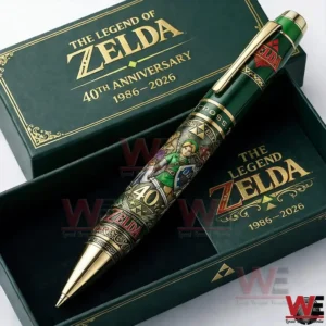 Green and gold Zelda themed anniversary pen resting inside a dark green presentation box with gold lettering and ornate fantasy artwork!