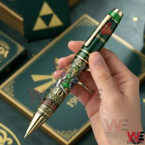 Hand holding a green and gold Zelda anniversary pen with detailed character artwork and decorative symbols against matching gift box packaging!