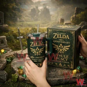 The Legend of Zelda 40th Annviersary Hyrule Legacy 1986-2026 Collector Tumbler 4 Hands holding a dark green Zelda anniversary tumbler with straw beside a matching collector box in a fantasy landscape with ruins and a sword!
