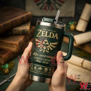 The Legend of Zelda 40th Annviersary Hyrule Legacy 1986-2026 Collector Tumbler 5 Close up of hands holding a dark green Zelda anniversary handled tumbler with straw over a desk with old books and parchment scrolls!