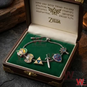 Zelda charm bracelet in an open wooden box on green velvet featuring Link and Zelda charms along with Triforce sword shield and eye symbols.