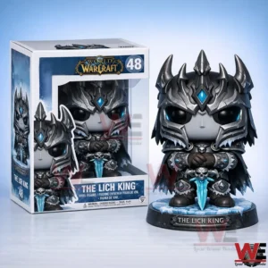 The Lich King collectible figure with spiked helmet and blue sword standing on an icy base beside its World Warcraft display box!