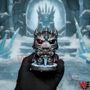 Hand holding The Lich King collectible figure on a snow base with icy fortress and frozen throne background!