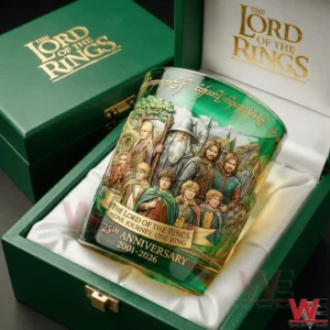 Lord of the Rings anniversary glass placed in a luxury presentation box with detailed character illustration fantasy scenery and a classic cinematic design!