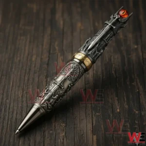 A Lord of the Rings inspired collector pen with detailed engravings and metallic finish displayed on a rustic wooden surface!
