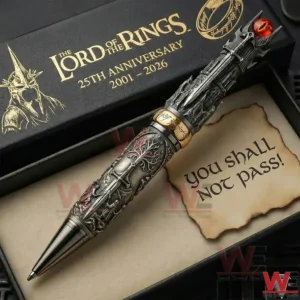 Lord of the Rings anniversary collector pen with fiery eye detail displayed with a themed gift box and fantasy parchment background!