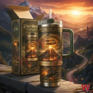 Lord of the Rings anniversary tumbler with green handle and fiery ring over volcano design beside a matching gift box on a stone ledge at sunset!