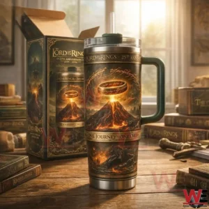 The Lord Of The Rings 25Th Anniversary One Ring 2001-2026 Yeti Tumbler 5 Lord of the Rings anniversary tumbler with green handle and fiery ring volcano design beside a matching gift box on a wooden table with sunlit books in the background!