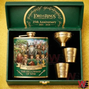 Lord of the Rings twenty fifth anniversary flask gift set displayed open with a character illustrated flask and gold cups inside a green box!