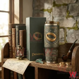 The Lord of the Rings themed tumbler with handle and straw featuring a raised golden ring design displayed beside a matching presentation box!
