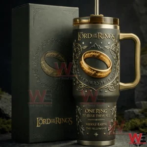 The Lord of the Rings One Ring to Rule them All 40oz Tumbler 4 The Lord of the Rings themed tumbler with handle and straw featuring an embossed ring and ornate fantasy details shown with its box!