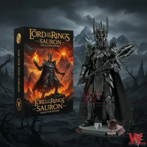 Sauron brick figure with mace and cape next to a Lord of the Rings Sauron Collector Edition box in a dark mountain background!