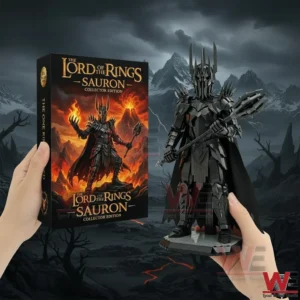 Hands holding a Sauron Collector Edition box and a Sauron brick figure with armor and mace in a dark mountain scene!