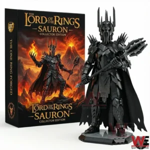 Sauron brick figure with spiked armor cape and mace next to a Sauron Collector Edition box on a white background!