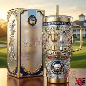 Decorative golf tumbler standing beside a matching premium box on a scenic course background!