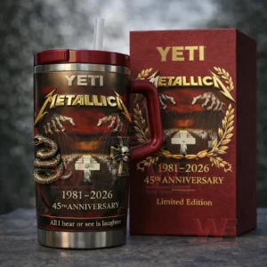 Handled insulated tumbler with straw featuring Metallica logo anniversary years nineteen eighty one to two thousand twenty six marionette style artwork snake and skull details shown with matching limited edition red gift box!
