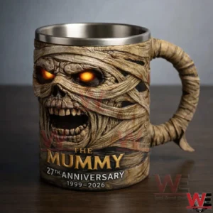 The Mummy anniversary mug with sculpted mummy face glowing eyes wrapped texture handle and cinematic horror design!