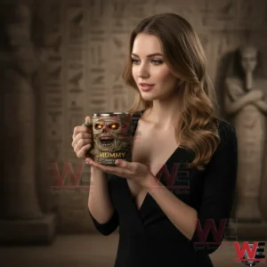 Model holding The Mummy anniversary mug with detailed mummy face glowing eyes and horror themed design in a cinematic setting!