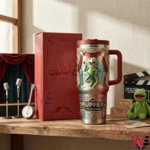 Stage themed handled tumbler with a green frog performer design displayed next to a red presentation box!