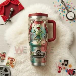 Overhead view of a stage themed handled tumbler with a green frog performer on a white background!